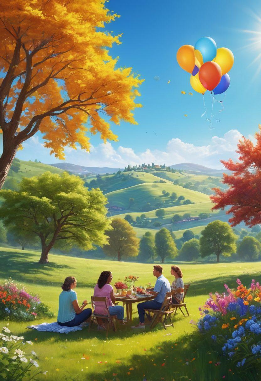 A serene scene illustrating a diverse group of people joyfully engaged in various everyday activities, such as laughing, gardening, sharing a meal, and meditating in a sunlit park. Incorporate vibrant flowers and balloons to symbolize happiness and positivity. The background features soft, rolling hills and a clear blue sky, enhancing the feeling of tranquility. super-realistic. vibrant colors. sunny atmosphere.