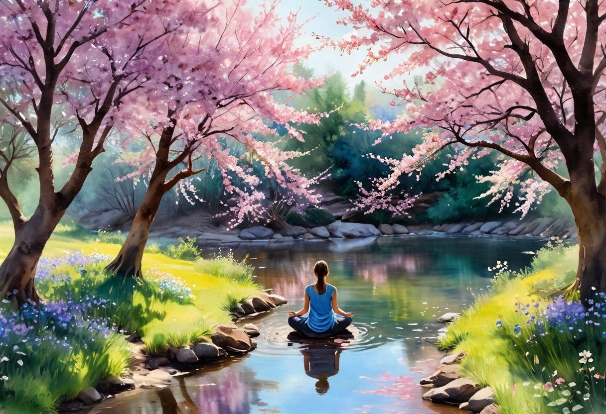 A serene landscape featuring a person meditating under a blooming cherry blossom tree, surrounded by vibrant wildflowers and soft rays of sunlight filtering through the leaves. A gentle stream flows nearby, symbolizing tranquility and self-care. The scene evokes feelings of joy and mindfulness, inviting the viewer to embrace happiness. watercolors. soft pastels. peaceful ambiance.
