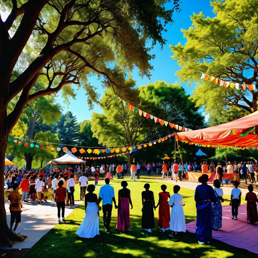 A vibrant tapestry of diverse communities celebrating together, featuring people of different cultures engaging in joyful activities, surrounded by colorful decorations and traditional attire. The scene shows a sunny park with families, performers, and art installations, all radiating happiness and connection. Sunlight filters through trees, creating a warm, inviting atmosphere. super-realistic. vibrant colors. wide-angle view.